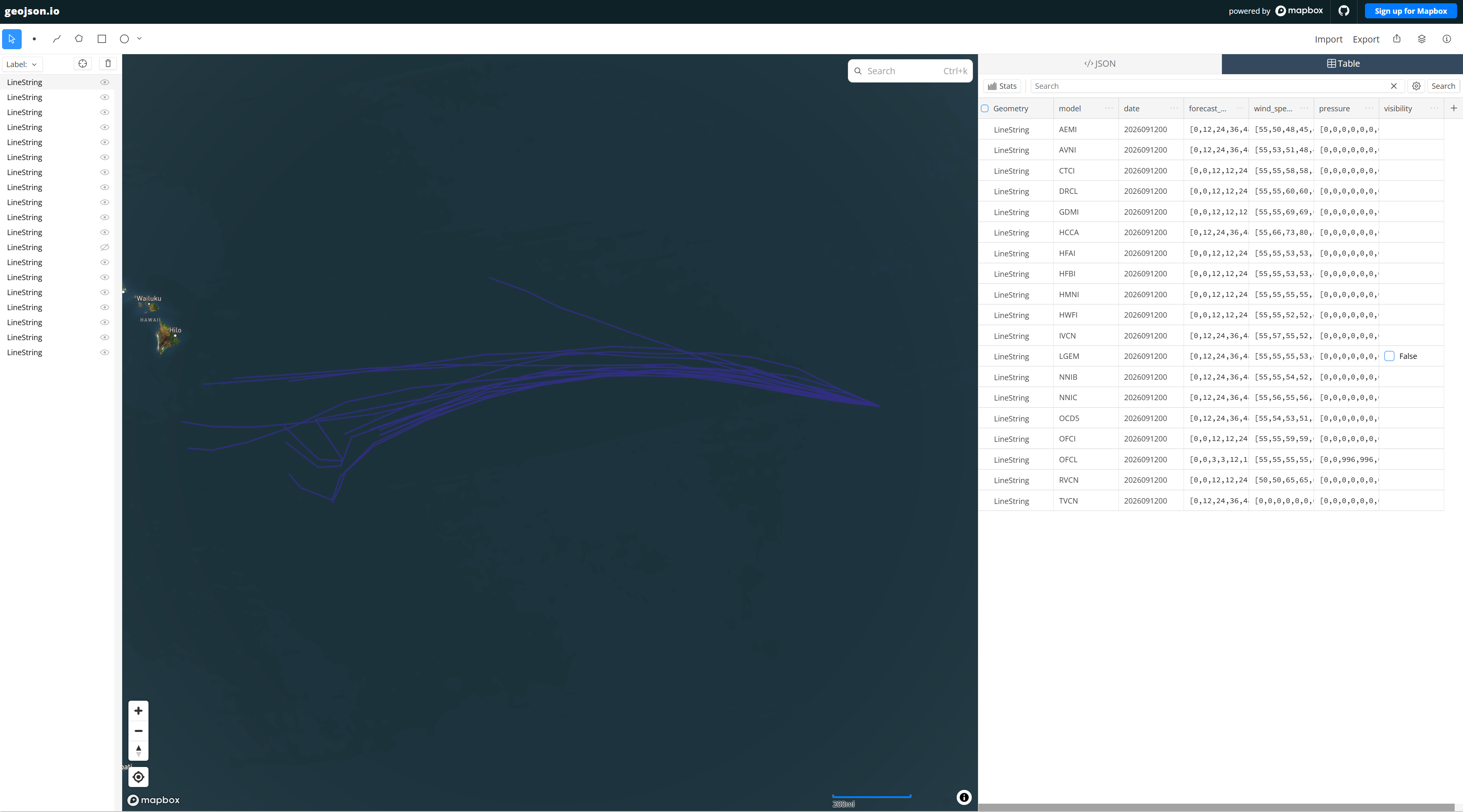 geojson.io visualization of shapefile-based early track guidance for Tropical Storm Norbert (2026) on 12 September 2026