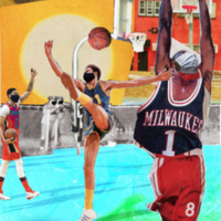 A painting of three basketball players wearing jerseys on an asphalt court.  In this painting, the pavement is highlighter-blue, and the sky is orange.