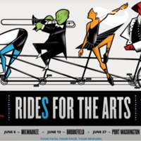A screenshot of UPAF's (United Performing Art's Fund) Ride for the Arts with characters riding on a bike, one a dancer, one a trumpeter, and the other a conductor.