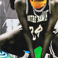A collage featuring Arike Ogunbowale, a black women's NCAA athlete.  She wears a gold face mask that says "black lives matter" on it.