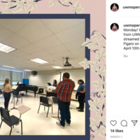 A screenshot of UWM Opera Theater's Instagram page which includes six people rehearsing while social distancing and masked for the upcoming performance of "Le Nozze di Figaro."