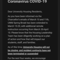 Screenshot of email from UWM Housing regarding Housing Staying Open in March of 2020