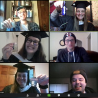 Six UW-Milwaukee students celebrate their graduation via a Zoom meeting.