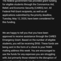 Screenshot of email from UWM regarding financial aid through federal CARES Act