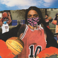 A collage of four basketball players wearing jerseys and wearing face masks.