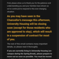 Screenshot of email sent to UWM University students regarding the closing of university housing
