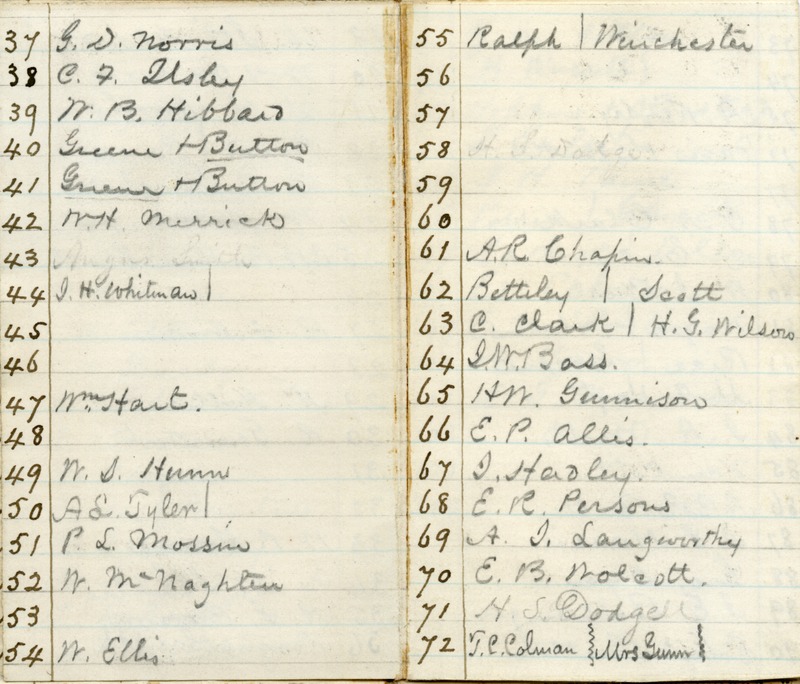 Ledger listing pew assignments numbered 37-72.