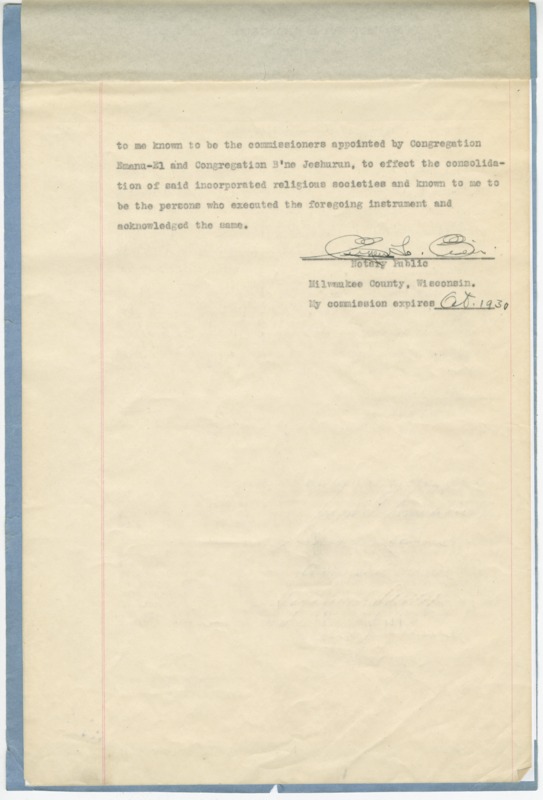 Binding agreement certificate for the merge of the Emanu-El and B'ne Jeshurun congregations in 1927. Page three.