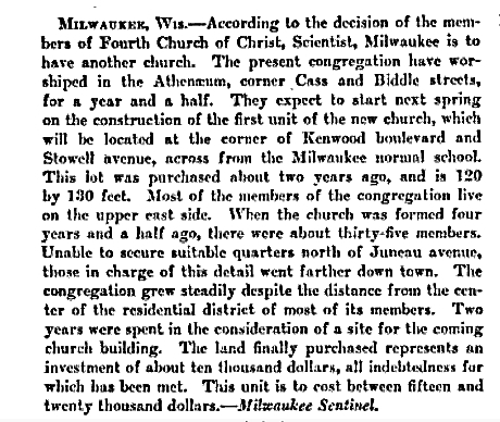 Newspaper clipping detailing the acquisition of property by the Fourth Church of Christ, Scientist to build another church.