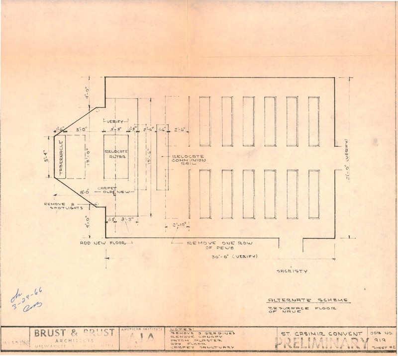 1966 design plan from the Brust & Brust architecture firm to move the altar forward in the convent's chapel to abide by Vatican II requirements.