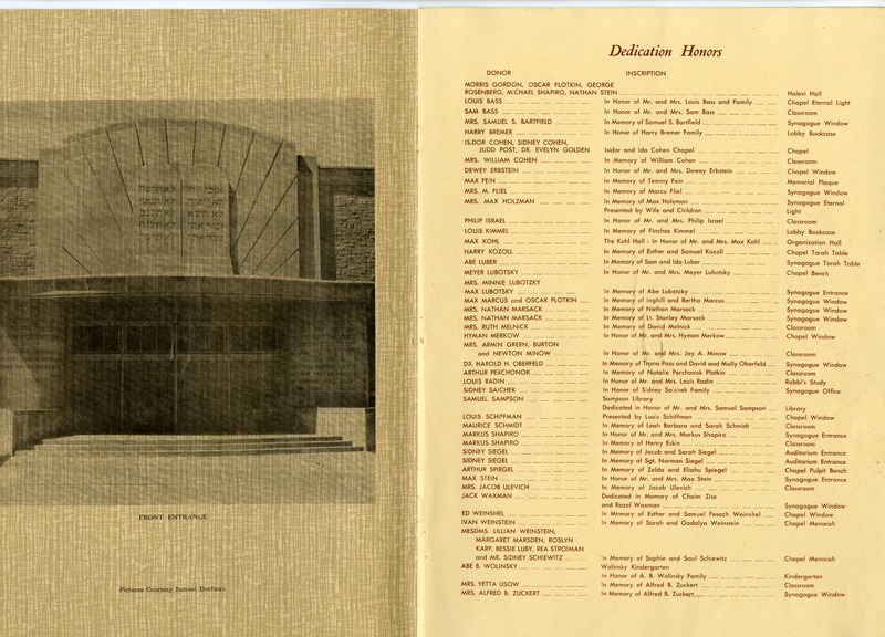 Two pages from the Dedication Ceremony pamphlet for the 1951 Beth El Ner Tamid temple. Left page features a photograph of the temple entrance. Right page features a list of "Dedication Honors" with names of donors.