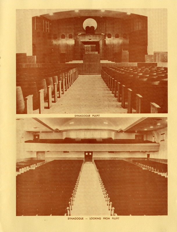 Interior view of the new 1951 Beth El Ner Tamid temple. Features a photograph of the pulpit, and the view looking from the pulpit.