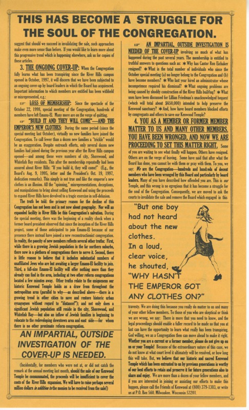 Flyer discussing the controversial sale of the Kenwood Blvd Emanu-El B'ne Jeshurun synagogue in the late 1990s. Page two.