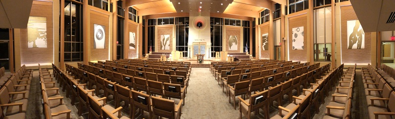 Panoramic photograph of the interior of River Hills Synagogue Sanctuary.