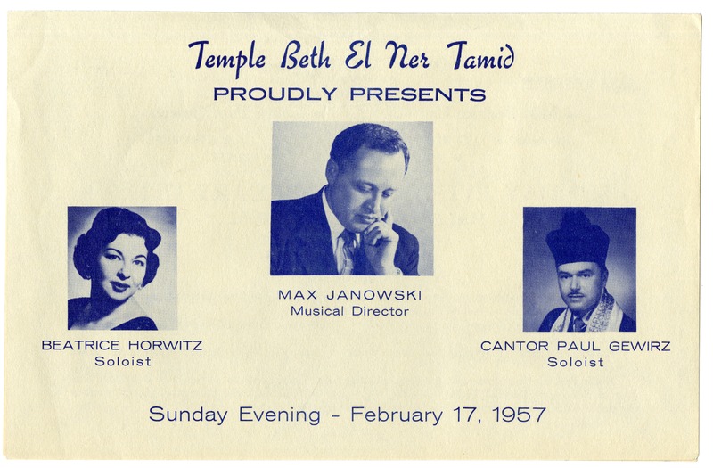 Flier from Beth El Ner Tamid's first annual music festival, 1957.