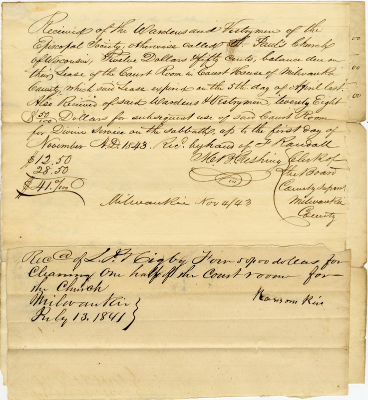 Document with information of how St. Paul's used the County Courthouse in the 1840s.