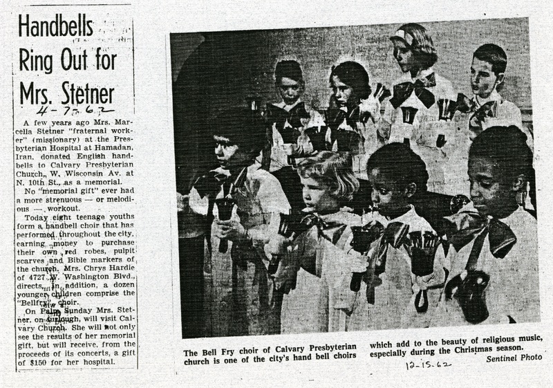 Historical photograph of Calvary Presbyterian church's handbell choir.