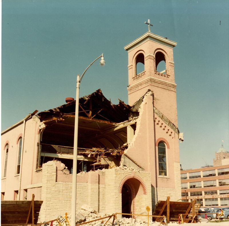 Historical photograph of the partially destroyed Blessed Virgin of Pompeii Church.