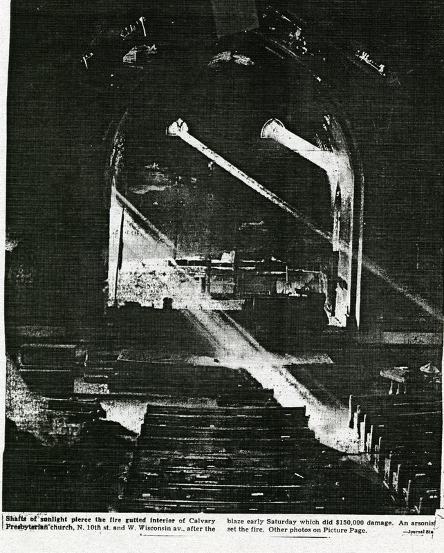 Historical photograph of the interior of the Calvary Presbyterian Church after the fire caused by Pastor John Lewis.