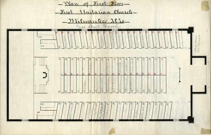 A floorplan of the second church on Cass Street with numbered pews, 1857.