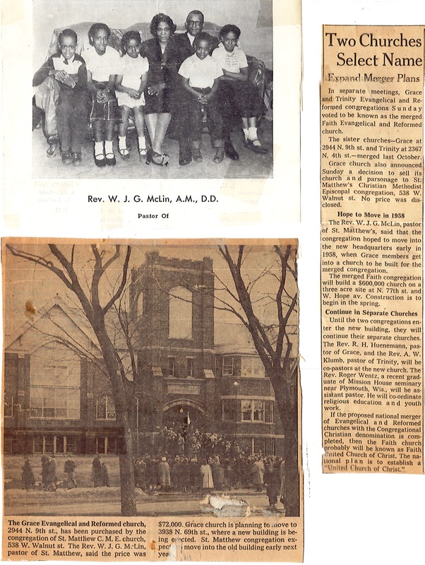 Newspaper clippings from 1958 detailing St. Matthew's purchase of its current building. Also pictured is Reverend W.J.G. Mclin, pastor of St. Matthew's at the time of purchase.