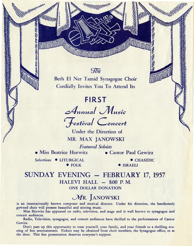 Flier from Beth El Ner Tamid's first annual music festival, 1957.