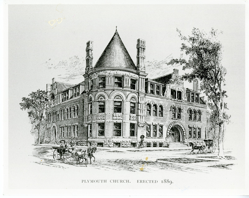 A lithograph of the Plymouth Church building at the intersection of Wells and Van Buren Streets.