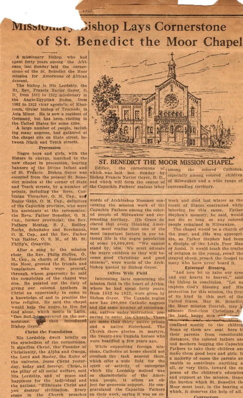 1923 article from the Catholic Herald describing the laying of the cornerstone of the St. Benedict the Moor chapel.