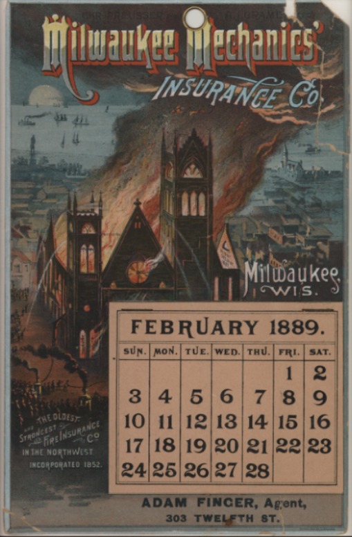 Milwaukee Mechanics Insurance Co. Calendar depicting the fire that destroyed the interior and roof of Immanuel Presbyterian.