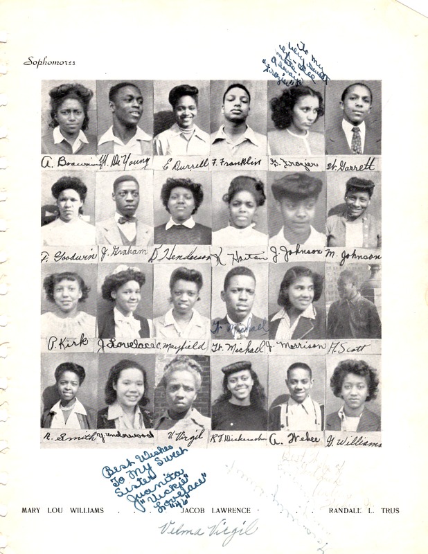 Yearbook page showing 24 members of the sophomore class of St. Benedict the Moor high school, 1946.