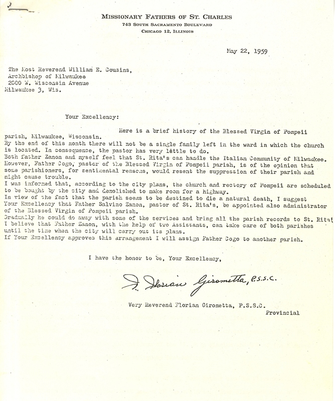 Correspondence letter from Reverend Florian Girometta to Archbishop William E. Cousins, May 22nd, 1959