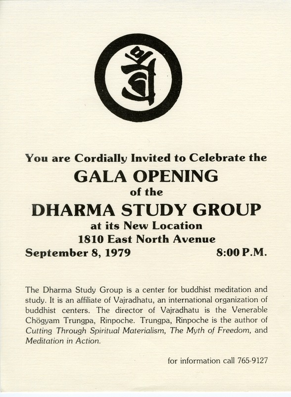 Invitation for the Gala Opening of the Milwaukee Dharmadhatu, 1979.