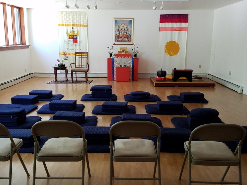 Modern photograph of the main mediation room at the Shambhala Center.