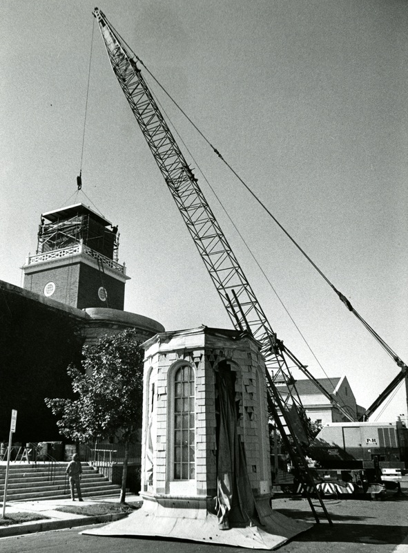 Historical photograph of the spire replacement at the Fourth Church of Christ, Scientist.