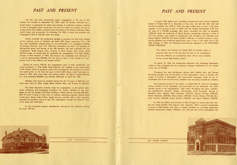 Two pages from the Dedication Ceremony pamphlet of the 1951 Beth El Ner Tamid temple that detail the history of the Beth El Ner Tamid community.