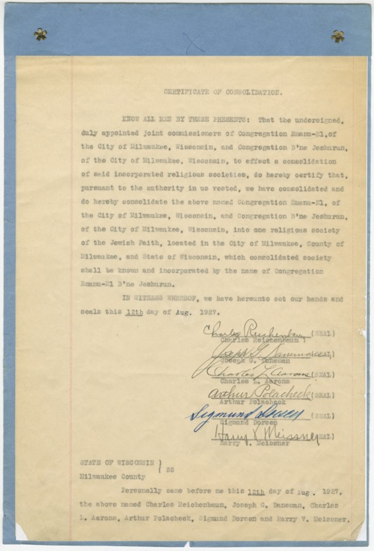 Binding agreement certificate for the merge of the Emanu-El and B'ne Jeshurun congregations in 1927. Page one.