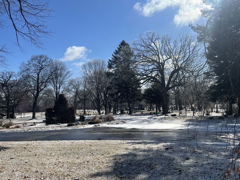 Photo of current cemetery landscape in winter 2022.