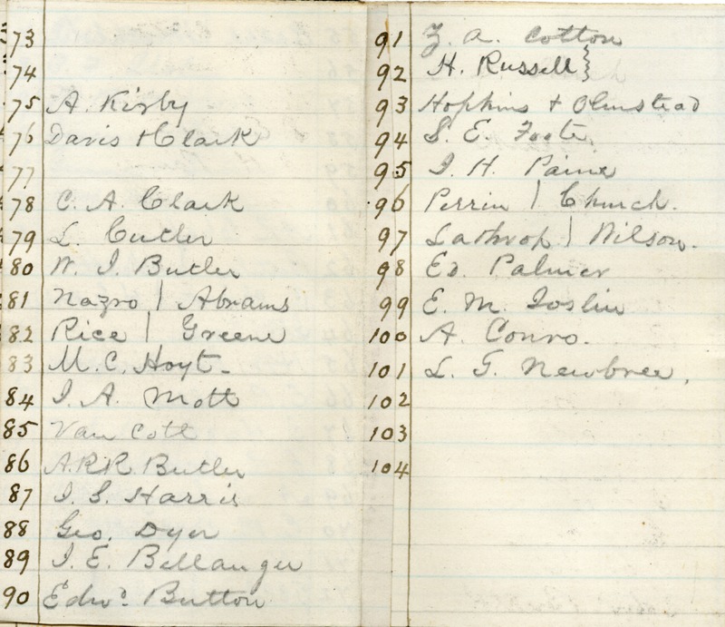 Ledger listing pew assignments numbered 73-104.