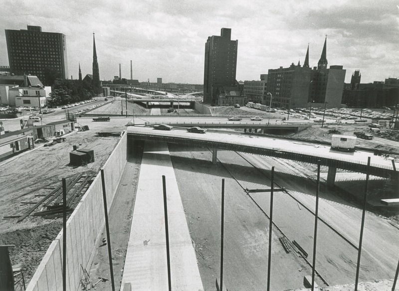 Historical photograph of construction of I-43 near St. Benedict the Moor.