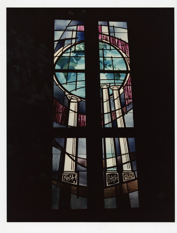 Photograph of stained glass windows.