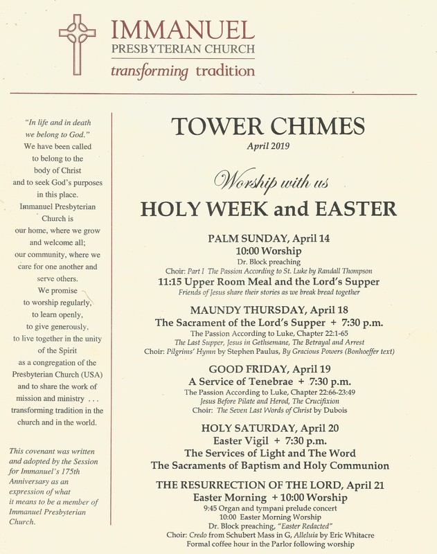 Program for Immanuel Presbyterian Church's Easter Week services, April 2019.