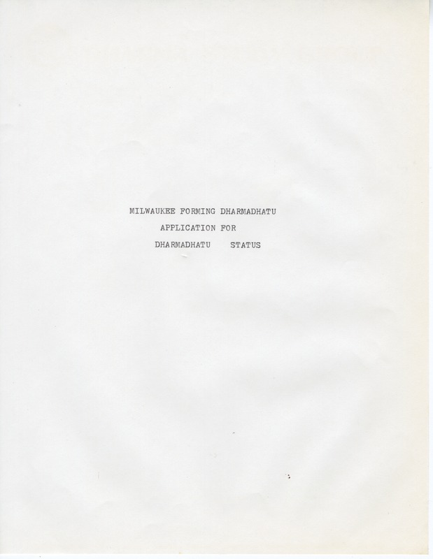 Copy of the letter attached in the application for center status of the Milwaukee Dharmadhatu. Page one.