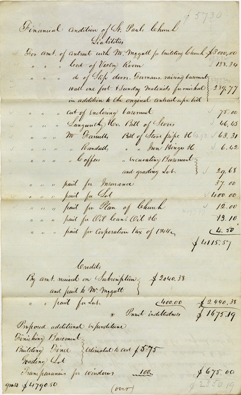 Document listing costs involved in building the first St. Paul's Church on Mason and Jefferson.