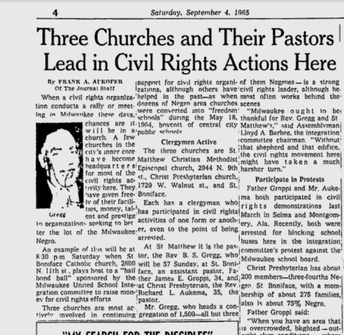 A newspaper article from September 4, 1965 titled "Three Churches and Their Pastors Lead in Civil Rights Actions Here".