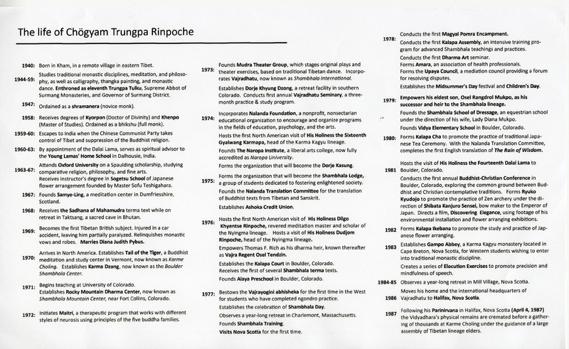 Year by year synopsis of the life and times of Chogyam Trungpa Rinpoche, posted at the Shambhala Meditation Center of Milwaukee.