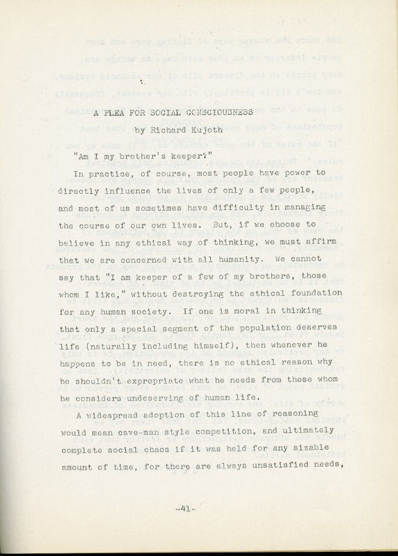 "A Plea for Social Consciousness"  by Richard Kujoth. This article was printed in the 1962 issue of the First Unitarian Societies newsletter, the "Chanticleer." Page 1.