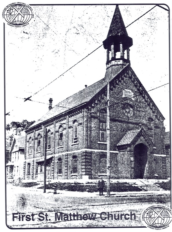 Historical photograph of the first official building for the St. Matthew C.M.E. Church.