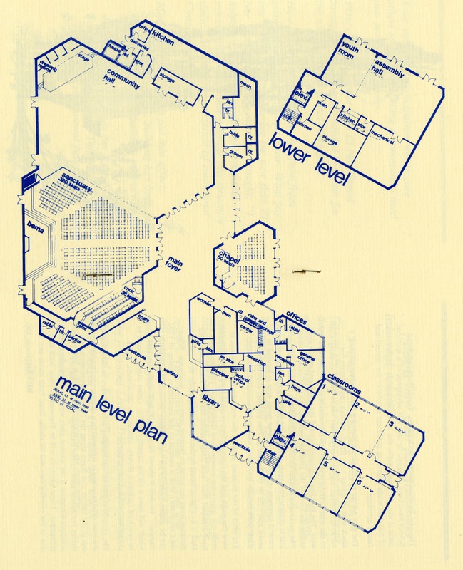 Page of blueprint plans from the pamphlet created by the Beth El Ner Tamid congregation.