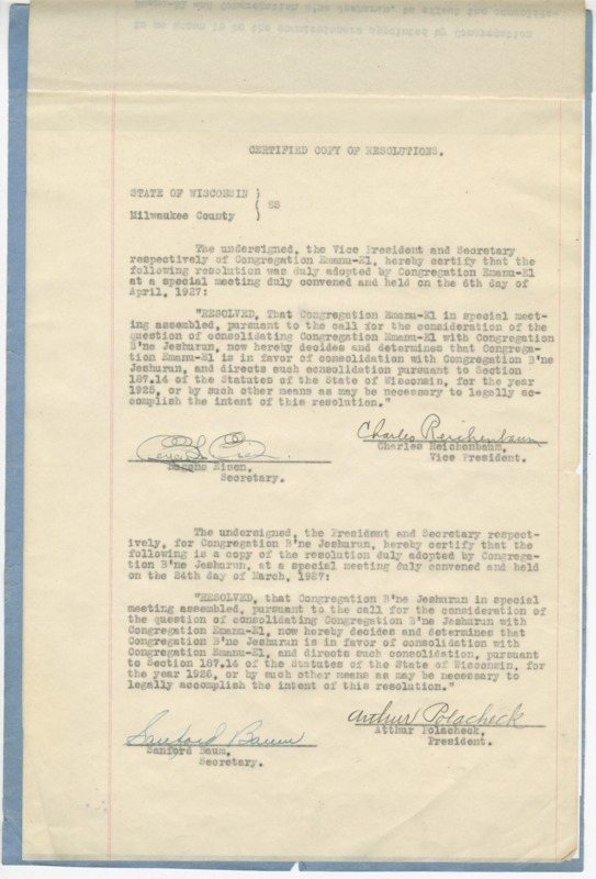 Binding agreement certificate for the merge of the Emanu-El and B'ne Jeshurun congregations in 1927. Page two.