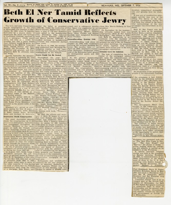 Newspaper article depicting the history of Congregation Beth El Ner Tamid's and the growing conservative movement.